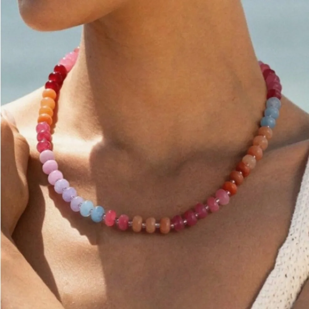 Multicolor Gemstone Beaded Necklace with Gold-Tone Clasp - Pink Blue Orange new